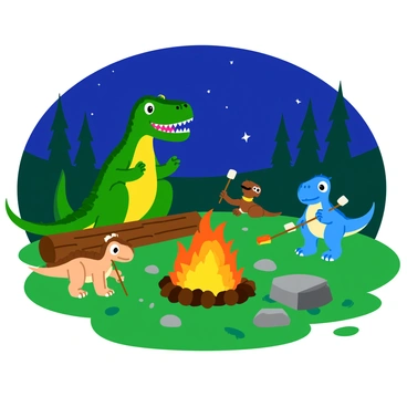 A T-Rex with scaly green skin is sitting on a log next to a vibrant campfire. The fire crackles with bright orange and yellow flames, illuminating the scene. Surrounding the fire are several other dinosaurs, including a small Triceratops with a brown and cream-colored body, and a bright blue Pterodactyl perched on a nearby rock. Each dinosaur holds a stick with a marshmallow held over the flames. The ground is covered with patches of green grass and scattered pebbles, and the night sky above is filled with twinkling stars. A few trees can be seen in the background, silhouetted against the starry night.