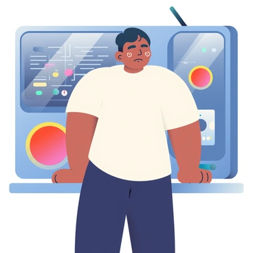 A person with short black hair and medium skin is standing in front of a large control panel. The panel features two big red buttons prominently displayed near the center. The person is wearing a fitted white shirt and dark slacks, with their hands resting on the edges of the panel. Sweat is visible on their forehead, and their expression shows signs of nervousness. Behind the control panel, a dimly lit room is filled with various gauges and blinking lights, indicating a high-pressure environment. The atmosphere feels tense, emphasizing the importance of the moment.
