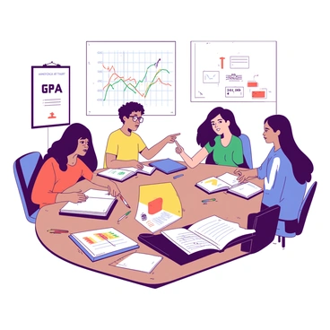 A group of five students is sitting around a large wooden table covered with open notebooks and textbooks. Each student is engaged in studying, with various colored pens scattered across the table. One student, wearing glasses, is pointing at a "GPA chart" hanging on the wall, which displays fluctuating lines in bright colors. The students have a mix of hairstyles and clothing styles, indicating diverse personalities. The room is well-lit, with a few motivational posters in the background. A laptop is open in front of one student, displaying charts and graphs.