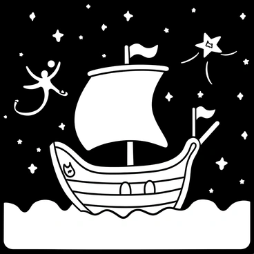 A whimsical ship with billowing sails is sailing through a starry night sky. The ship has intricate designs carved into its hull and whimsical flags fluttering from the mast. Around the ship, various celestial creatures are flying, including star-shaped beings with long, flowing tails and ethereal wings resembling constellations. The night sky is filled with a multitude of stars, some larger and brighter than others, creating a sense of depth and wonder. The scene captures the magic of the moment, with the ship navigating through a cosmic sea of dreams.