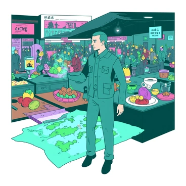 A teal mercenary is standing in an intergalactic market, examining various exotic goods displayed on an array of colorful stalls. The market is bustling with strange creatures of different shapes and sizes, some with vibrant scales and others with unusual features. Brightly colored fruits and intricate artifacts are arranged on wooden tables, while glowing neon signs hang overhead, advertising unique wares. The mercenary wears a fitted suit with utility pockets, and a small holographic device projects a map of the market in front of him. In the background, a large crowd of diverse alien beings is interacting, creating a lively atmosphere.