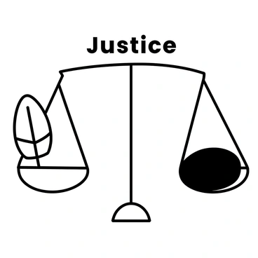 A giant scale balanced with a feather and a stone labeled 'Justice'