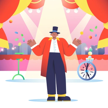 A circus ring is filled with vibrant red and gold decorations, showcasing the excitement of the show. In the center, a ringmaster with a tall black hat and a red coat stands confidently under a bright spotlight. He has a white shirt with a ruffled collar and black trousers. His arms are spread wide as he gestures towards the audience, introducing the next act. Behind him, colorful circus props can be seen, including a unicycle and juggling pins. The atmosphere is lively, with hints of colorful lights illuminating the surrounding area.