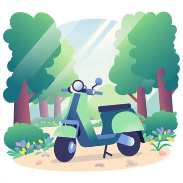 An electric moped parked on a scenic forest trail with tall trees surrounding it