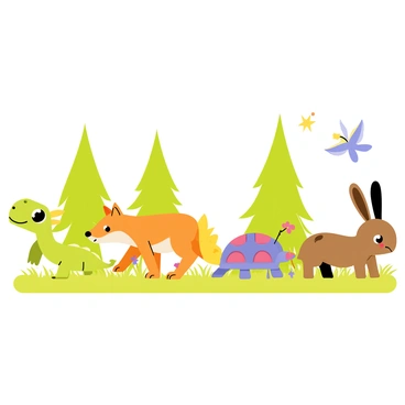 A friendly group of five creature companions is on an adventure together in a vibrant forest. The first companion is a small green dragon with large, expressive eyes, flapping its wings excitedly. Next to the dragon is a fluffy, orange fox with a bushy tail, curiously sniffing the ground. A purple turtle with a vibrant shell is walking steadily, its eyes focused ahead. Hovering above them is a blue fairy with delicate, shimmering wings, radiating a gentle glow. Lastly, there is a cheerful brown rabbit with long ears, bouncing playfully alongside the others. The background features tall, green trees and colorful flowers to emphasize the lively atmosphere of their journey.