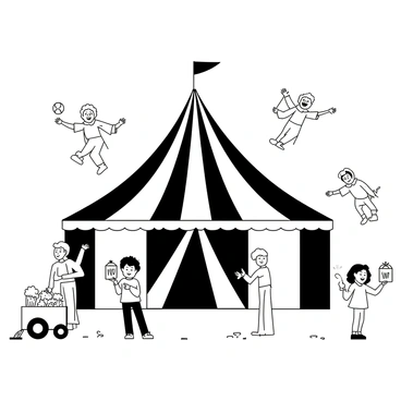 A circus tent with a large entrance, adorned with stripes. Clowns with exaggerated facial expressions are juggling colorful balls in one section. Acrobats are performing in mid-air, executing impressive stunts on trapezes. Children are gathered near a cart, happily holding bags of popcorn and cotton candy, their eyes wide with excitement. The ground is scattered with remnants of candy wrappers. The atmosphere is lively with figures engaged in various activities, creating a joyful scene.