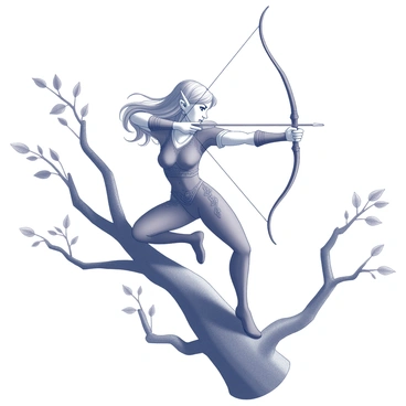 An elegant elven archer is positioned on a sturdy tree branch. The archer has pointed ears and long flowing hair. They are dressed in a fitted outfit that is adorned with intricate patterns and designs. The bow is drawn back, and the archer's focus is on a distant target. The scene captures the tension in the bowstring as the arrow is aimed with precision. Surrounding the archer are leaves and branches, creating a natural setting that emphasizes their connection to the forest.