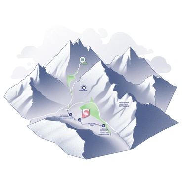 A detailed map illustrating mountain trekking trails. The terrain features rugged peaks with sharp, jagged outlines, indicating various elevations. Lookout points are marked with distinct symbols, highlighting spots for scenic views. The trails are depicted with winding lines, showcasing their path through the valleys and ascents. Additional elements include contour lines to represent elevation changes, and labels indicating significant landmarks and locations along the trails. The background is filled with abstract representations of the mountainous landscape.