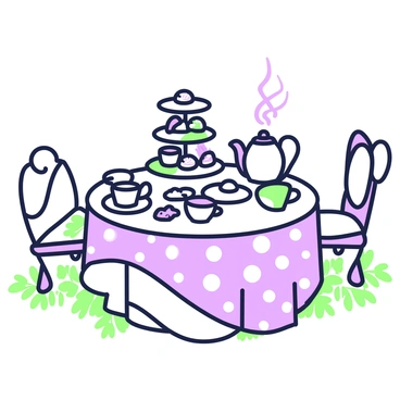 A whimsical tea party scene is set on a small, round table covered with a patterned tablecloth. On the table, there are several ornate teacups arranged neatly, each with a handle facing outward. A tiered stand holds an assortment of pastries, including cupcakes with swirls of icing, delicate cookies, and small scones. In front of the teacups, there is a teapot with a curved spout, and steam gently rises from its spout, suggesting warmth. Surrounding the table are mismatched chairs, each uniquely designed. Feather-light greenery, such as ferns or ivy, appears around the edges of the table, adding to the enchanting atmosphere.