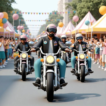 A group of bikers, wearing colorful helmets and leather jackets, riding powerful motorcycles down a city street. Each biker is displaying unique patches and accessories on their jackets. The scene is bustling with energy as the bikers navigate through a lively city festival parade. Cheerful crowds line the street, with people of all ages clapping and waving vibrant flags. Balloons and banners decorate the surroundings, adding to the festive atmosphere. Brightly colored tents and stalls are visible in the background, featuring various food and entertainment options.