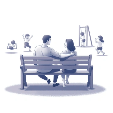 A park bench set in a grassy area. Two parents are seated closely together, appearing relaxed and engaged. The father is leaning back with an arm resting on the back of the bench, while the mother is sitting slightly forward with a smile. In the distance, several children can be seen playing; one child is swinging, another is running, and a third is climbing on a jungle gym. The scene is lively with joy, capturing a moment of family enjoyment in an outdoor setting.