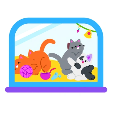 A pet shop window featuring a variety of playful kittens. The kittens, in different fluffy colors including orange, gray, and white, are frolicking together. They are surrounded by an assortment of colorful toys, such as bright yarn balls, soft plush mice, and small jingly bells. The window itself is framed with vibrant decorations, and bright sunlight illuminates the joyful scene, highlighting the kittens' playful expressions and the vivid colors of the toys.