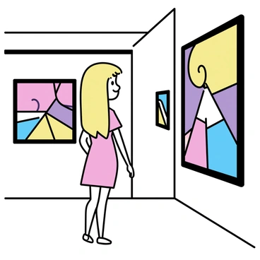 A Barbie doll with long blonde hair, dressed in a stylish pink dress and white heels, stands in a modern art gallery. She is facing a large abstract painting that features bold colors and geometric shapes. The gallery has sleek white walls and polished wooden floors. In the background, there are more colorful artworks displayed on the walls, with minimalistic black frames. Barbie's expression shows curiosity and admiration as she analyzes the art around her.