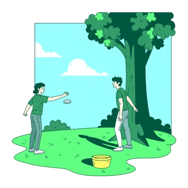 Two friends are playing disc golf in a green park under a clear blue sky. They are standing beside a tall tree, which has a thick trunk and lush green foliage. One friend is in mid-throw, with his arm extended and focused on the target, while the other is watching intently, ready to cheer. The grassy ground is dappled with sunlight filtering through the leaves above. Nearby, there is a disc golf basket with a vibrant yellow color, waiting for the disc to land.