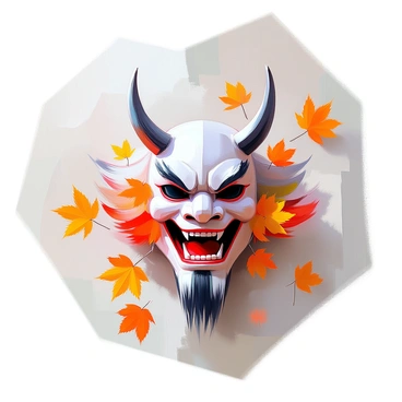 A "hannya mask" is centered in the image, with intricate details showcasing its fierce expression and sharp horns. Surrounding the mask are "swirling wind patterns" that create a sense of movement, flowing gracefully around the mask. Scattered throughout the composition are "autumn leaves" in vibrant shades of red, orange, and gold, gently drifting amidst the wind. The mask appears to be partially obscured by the leaves, adding depth and texture to the overall scene.