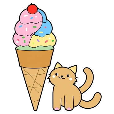 A cute cat with round, sparkling eyes and fluffy fur, sitting happily in front of a towering ice cream cone. The ice cream cone is large and colorful, featuring swirls of pink, blue, and yellow, topped with colorful sprinkles and a bright red cherry. The cat has a small smile on its face, with its ears perked up in excitement. The scene is filled with a playful atmosphere, highlighting the delightful interaction between the cat and the oversized ice cream cone.