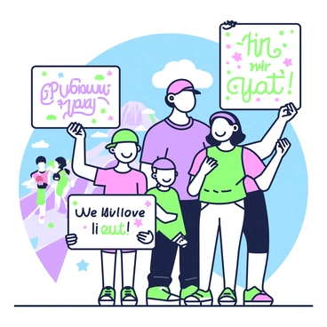 A family stands together on the side of a marathon route, holding supportive signs. The family consists of four members: a father wearing a blue t-shirt, a mother in a pink top, a young boy wearing a green cap, and a teenage girl with a purple headband. Each person is smiling and cheering enthusiastically. The father holds a sign that reads "Go, [Runner's Name]!" in large letters, while the mother displays a sign that says "We believe in you!" with colorful drawings around the text. The boy holds a smaller sign that simply says "Run Fast!" and the girl has a banner with "Proud of you!" written on it. In the background, runners are visible on the marathon route, and a bright blue sky can be seen above.