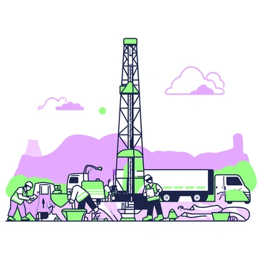 A fracking site is depicted in the early morning light, showcasing a large drilling rig at the center. Surrounding the rig, several workers in safety helmets and reflective vests are preparing for their shift. To the left, a worker is inspecting equipment, while another worker is checking a clipboard. In the background, a row of trucks are parked, and the sky above is transitioning from dark to lighter shades, hinting at the sunrise. The ground is a mix of earth and machinery, with pipes and tools scattered around the site.