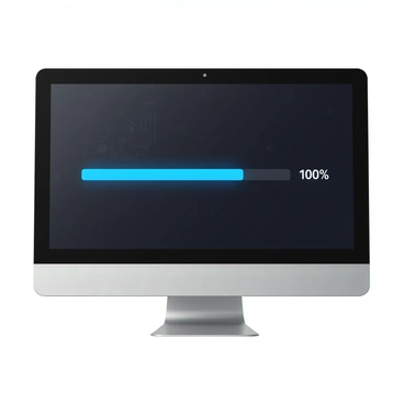 A computer screen displaying a digital progress bar that is gradually filling up from left to right. The progress bar is bright blue and has a sleek, modern design. The background of the screen is dark, making the progress bar stand out. Above the progress bar, there is a percentage indicator showing the current progress, starting from "0%" and moving towards "100%". The screen also features subtle circuit-like patterns in the background, adding a tech-oriented feel.