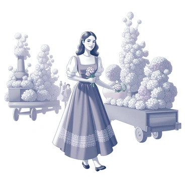 A young woman dressed in a traditional "Maria Clara" outfit, characterized by a full skirt and a fitted bodice. She holds a bouquet of flowers in one hand and has a serene expression on her face. She walks confidently in a festive parade, surrounded by several elaborately designed floral floats. Each float is adorned with vibrant flowers, showcasing intricate patterns and shapes, creating a lively atmosphere. The parade is bustling with activity, and other participants in colorful costumes are seen in the background.