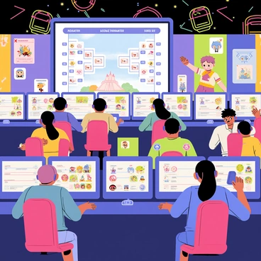 A gaming tournament scene shows several players sitting at large gaming desks, each focused on their monitors. Each player is surrounded by colorful posters of their favorite gacha characters. On the screens, vibrant graphics depict various gacha characters battling in a whimsical arena. The atmosphere is lively, with players wearing headsets and cheering each other on. Some players wave their hands excitedly, while others concentrate hard on their gameplay. A large screen in the background displays the tournament bracket and live match scores, while colorful lights illuminate the gaming space.