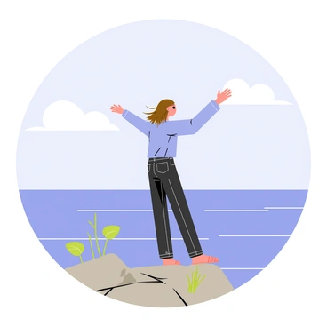 A person standing on a rocky cliff with a breathtaking view of the ocean below. The person has medium-length brown hair blowing in the wind, wearing a light blue shirt and dark jeans. Their arms are outstretched wide open, embracing the breeze. The sky is clear with a few fluffy white clouds, adding to the sense of freedom. Small patches of green grass grow on the cliff's edge, contrasting with the grey rocks beneath. The scene captures a moment of balance and exhilaration.