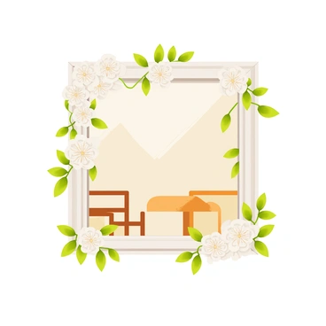 A small cafe window with a rectangular shape is framed by delicate garlands of white roses. The window glass is clear and reflects soft light. The roses are lush and blooming, creating a charming display around the edges. The cafe's interior is partially visible through the window, showcasing warm wooden furniture and a cozy atmosphere. A few green leaves intertwine with the roses, adding to the natural elegance of the scene.