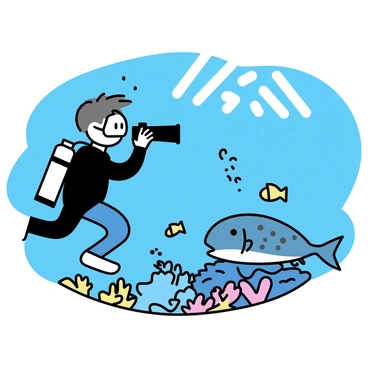 A scuba diver wearing a black wetsuit and an oxygen tank is swimming underwater. He is holding a camera with a long lens aimed at a coelacanth, showcasing its prehistoric features and textured scales. The coelacanth is resting on a rocky seabed covered in coral and seaweed. Sunlight filters through the water, casting wavy patterns on the ocean floor. Small fish are swimming around, adding to the vibrant marine life in the scene.