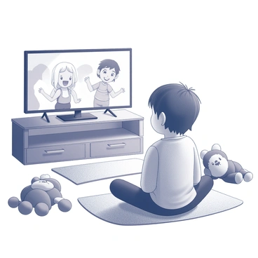 A child sitting cross-legged on a wooden floor. The child has wide eyes, fixated on a screen displaying cartoons. The expression on the child's face shows fascination and joy. Surrounding the child are several plush toys, scattered about, adding a playful atmosphere to the scene. The room has a cozy feel, with soft light creating a welcoming environment.