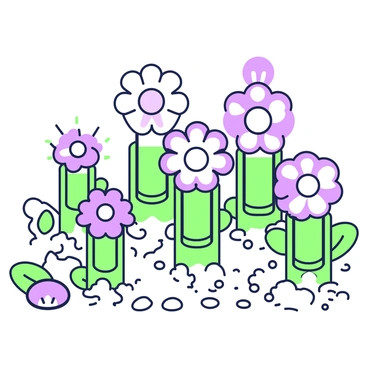 A garden scene filled with various flowers blooming from large paper clips instead of stems. The flowers feature bright petals in diverse shapes and sizes, showcasing a vivid variety among them. Each paper clip is positioned upright in the soil, with multiple flowers growing from each one. The soil is textured, with small pebbles scattered throughout. In the background, there are more paper clips supporting additional flowers, creating a playful and imaginative atmosphere.