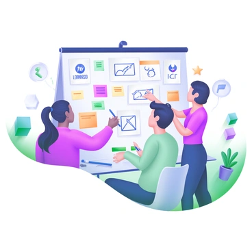 A modern pastel illustration depicting a diverse team of professionals engaging in a brainstorming session. The team is gathered around a large whiteboard filled with various logo designs and branding concepts. Each team member is actively discussing, pointing at different sketches, and jotting down ideas. The whiteboard includes colorful sticky notes with notes and sketches of logos in various shapes and colors. The workspace is adorned with potted plants and modern office furniture, contributing to a creative atmosphere.