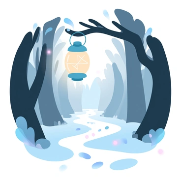 A lantern is hanging from a tree branch, casting a warm glow onto a narrow path. The path is lined with tall, dark trees on either side, their silhouettes blending into the night sky. The surrounding area is filled with soft shadows, and patches of light illuminate the ground, revealing scattered leaves and twigs along the trail. The atmosphere is calm and quiet, with the faint outline of the woods stretching into the distance. A few fireflies can be seen flitting around the lantern, adding small glimmers of light to the scene.