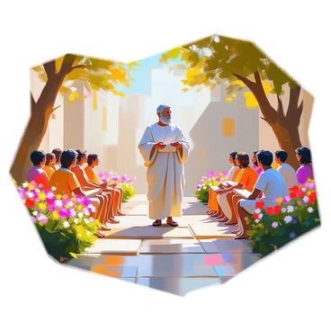 Plato stands at the forefront of an outdoor academy, engaged in deep conversation with his students. He is depicted with a thoughtful expression, dressed in flowing robes that suggest wisdom. His students, a diverse group of young men and women, listen attentively, some taking notes on scrolls or tablets. Surrounding them are lush gardens filled with blooming flowers, vibrant greenery, and intricately designed pathways. The sun filters through the leaves of trees, casting dappled shadows on the ground, adding a serene and contemplative atmosphere to the scene.