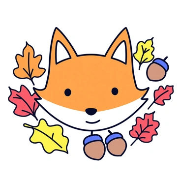 A whimsical fox face with large, expressive eyes and a playful smile. The fox has a bright orange fur with a white patch on its snout. Surrounding the fox are several acorns with their caps and a mix of autumn foliage in shades of red, orange, and yellow. The leaves have different shapes, some are broad while others are slender, creating a rich texture around the fox.