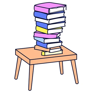 A tall stack of books, featuring various colors and sizes, rests precariously on a small wooden desk. The books are neatly aligned, with some slightly leaning to one side, forming a towering structure that extends all the way up to the ceiling. The desk has a smooth surface, and its legs are slender, providing a minimalist appearance. The room around the desk is plain, highlighting the impressive height of the book stack.
