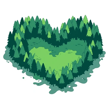 An aerial view showcases a densely wooded forest that forms a distinct "heart" shape. The trees are rich and vibrant, with varying shades of green filling the space within the heart outline. The forest is surrounded by patches of open land that contrast with the lush greenery. Sunlight filters through the tree canopy, creating patterns of light and shadow on the forest floor. The overall scene conveys a sense of harmony in nature, emphasizing the heart shape made by the arrangement of the trees.
