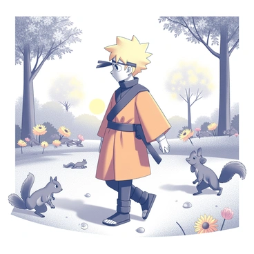 A young ninja with spiky blond hair is walking through a park. He wears his traditional orange and black outfit. The park is filled with a variety of flowers of different shapes and sizes, creating a vibrant landscape. Playful squirrels are scurrying across the grass, some climbing trees while others forage for food. The sun is shining brightly, casting clear shadows on the ground. In the background, there are trees with leafy branches providing shade.