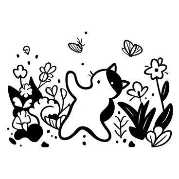 A playful kitten with soft fur is energetically chasing butterflies among a garden filled with a variety of flowers. The flowers have distinct shapes and sizes, creating a dynamic scene. The butterflies are fluttering around, adding movement to the composition. In the background, there are plants and greenery framing the garden, enhancing the lively atmosphere. The ground is dotted with petals and leaves, contributing to the overall detail of the garden setting.