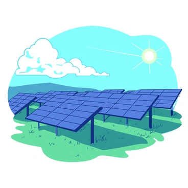 A field of solar panels spans the landscape, each panel tilting towards the sunlight. The solar panels are arranged in neat rows, reflecting the bright rays of the sun. In the background, a blue sky is visible, dotted with a few fluffy clouds. The ground beneath the panels is green grass, adding contrast to the scene. The sunlight casts shadows from the panels onto the grass, creating a dynamic interplay of light and shadow.