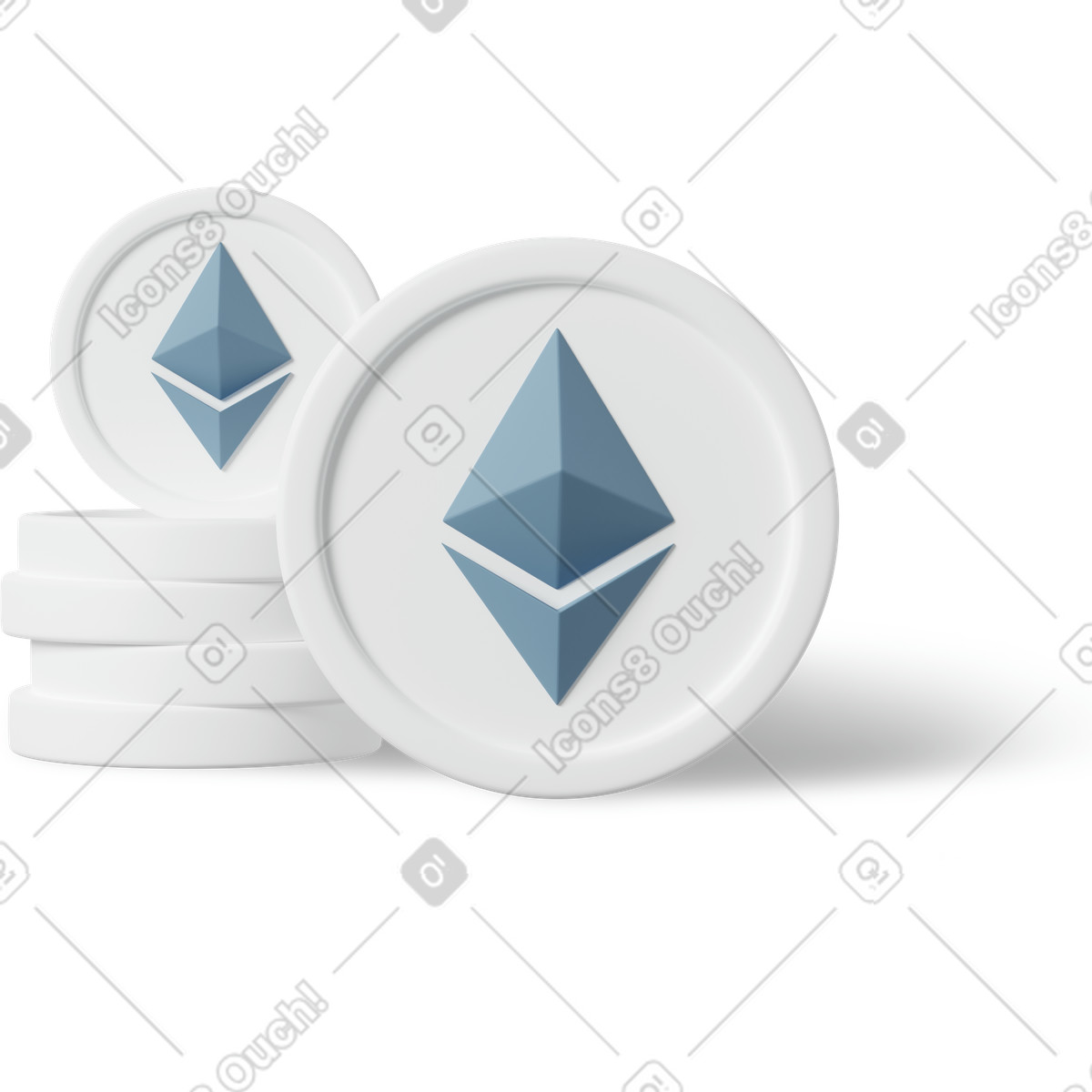 3D Casual life スタイルの Stacked ethereum tokens on white, cryptocurrency savings and investment のイラストをPNG、SVG形式でダウンロード