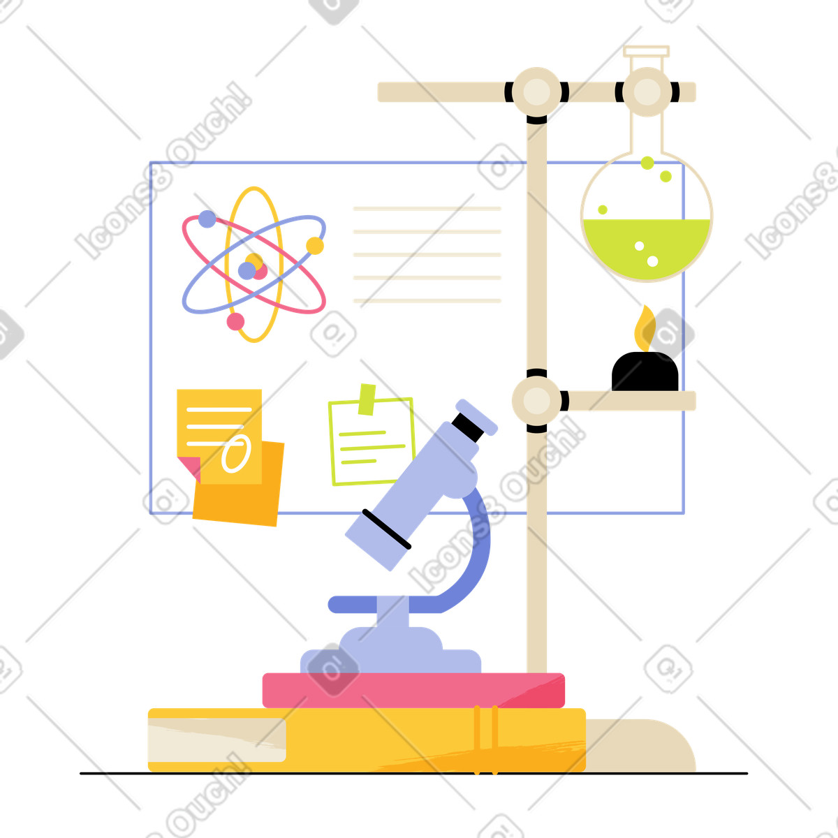 Illustration Microscope, livres et flacons de chimie dans le style Juicy à télécharger aux formats PNG, SVG