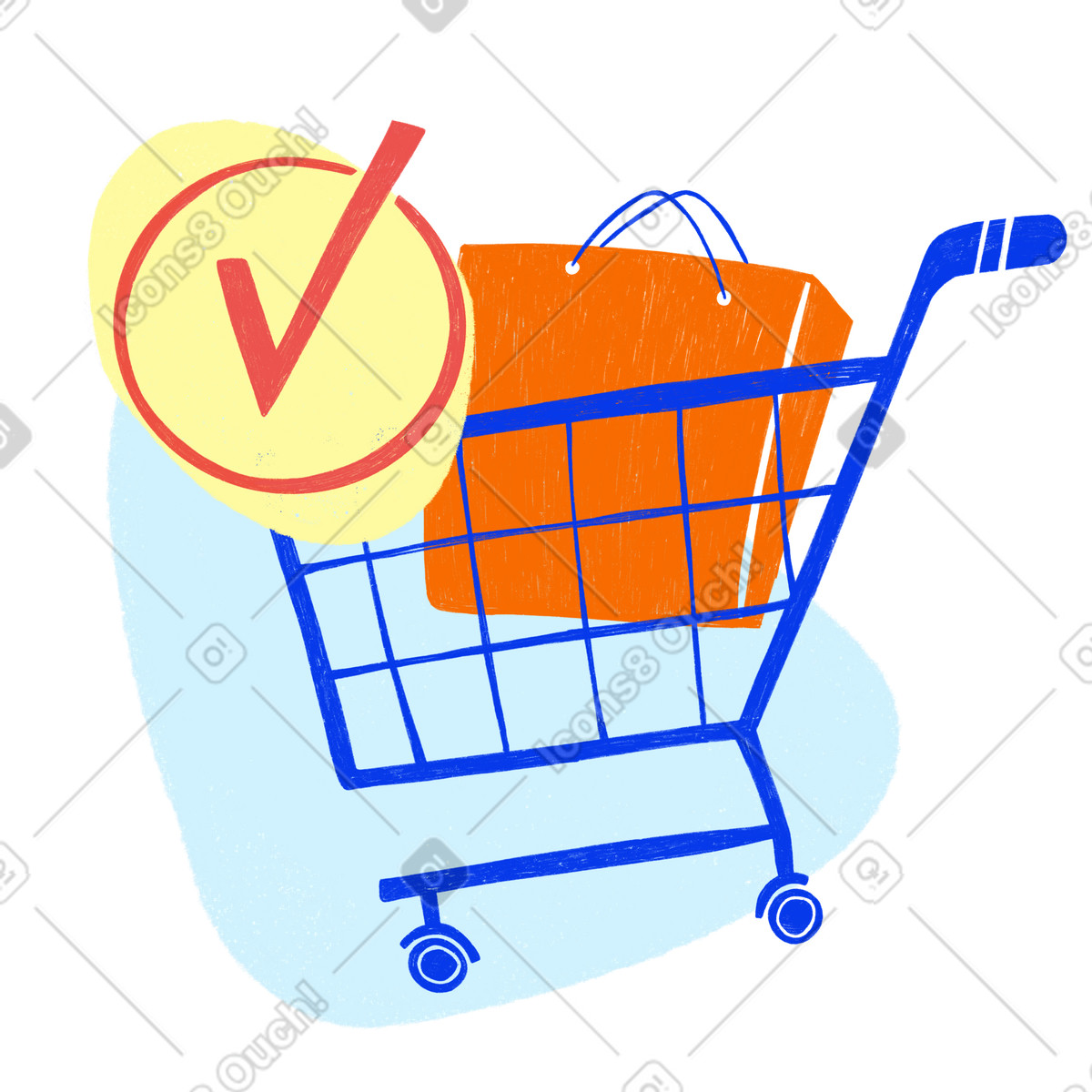 Illustration Panier d'achat sur roulettes avec achats sélectionnés dans le style Biro à télécharger aux formats PNG, SVG