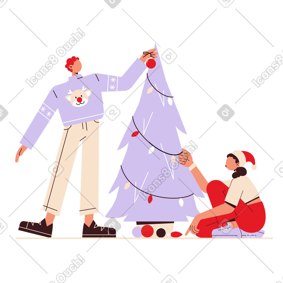 Setting up Christmas ornaments, Family festive tradition-Illustration im Folks-Stil als Download in PNG, SVG