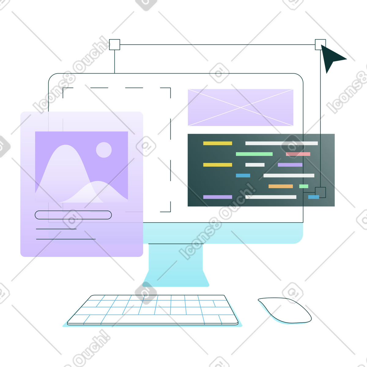 Desktop monitor with web layout mockup, User interface design workflow animated illustration in Florid style download in GIF, Lottie (JSON), AE