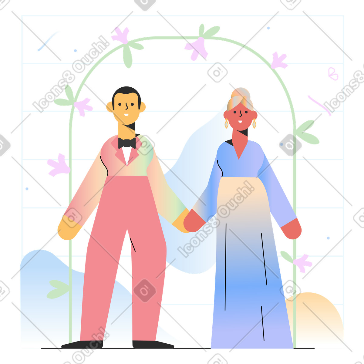 Man and woman near wedding arch illustration in Marginalia style download in PNG, SVG