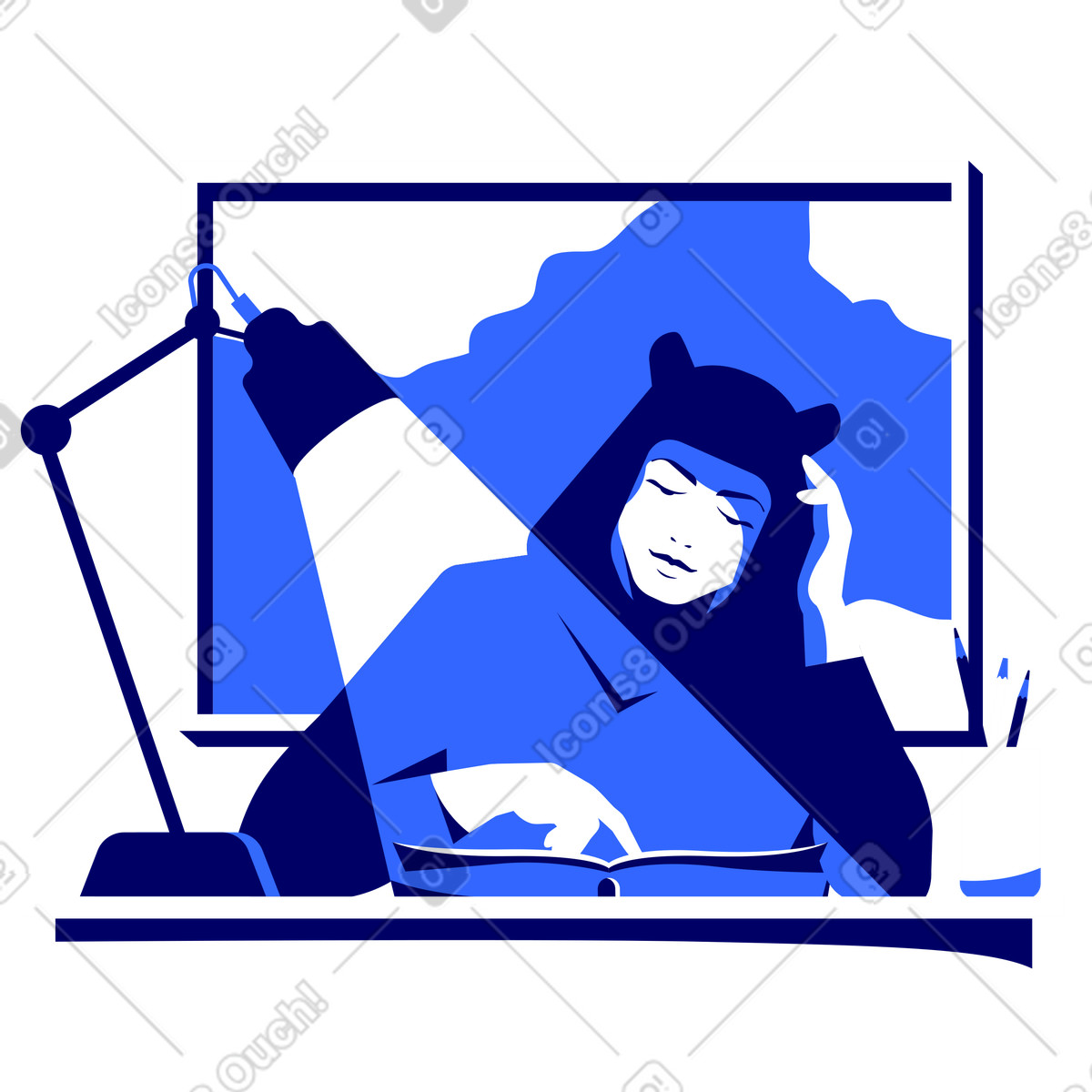 Ilustración Estudiante leyendo a la luz de lámpara en estilo Lounge descargar en PNG y SVG