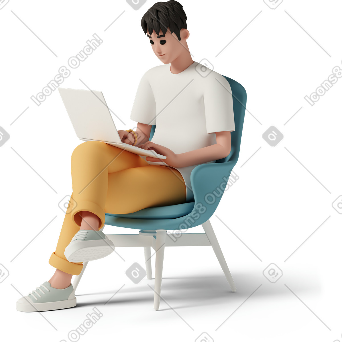 Sitting with laptop on modern chair, remote work and productivity-Illustration im 3D Casual life-Stil als Download in PNG, SVG