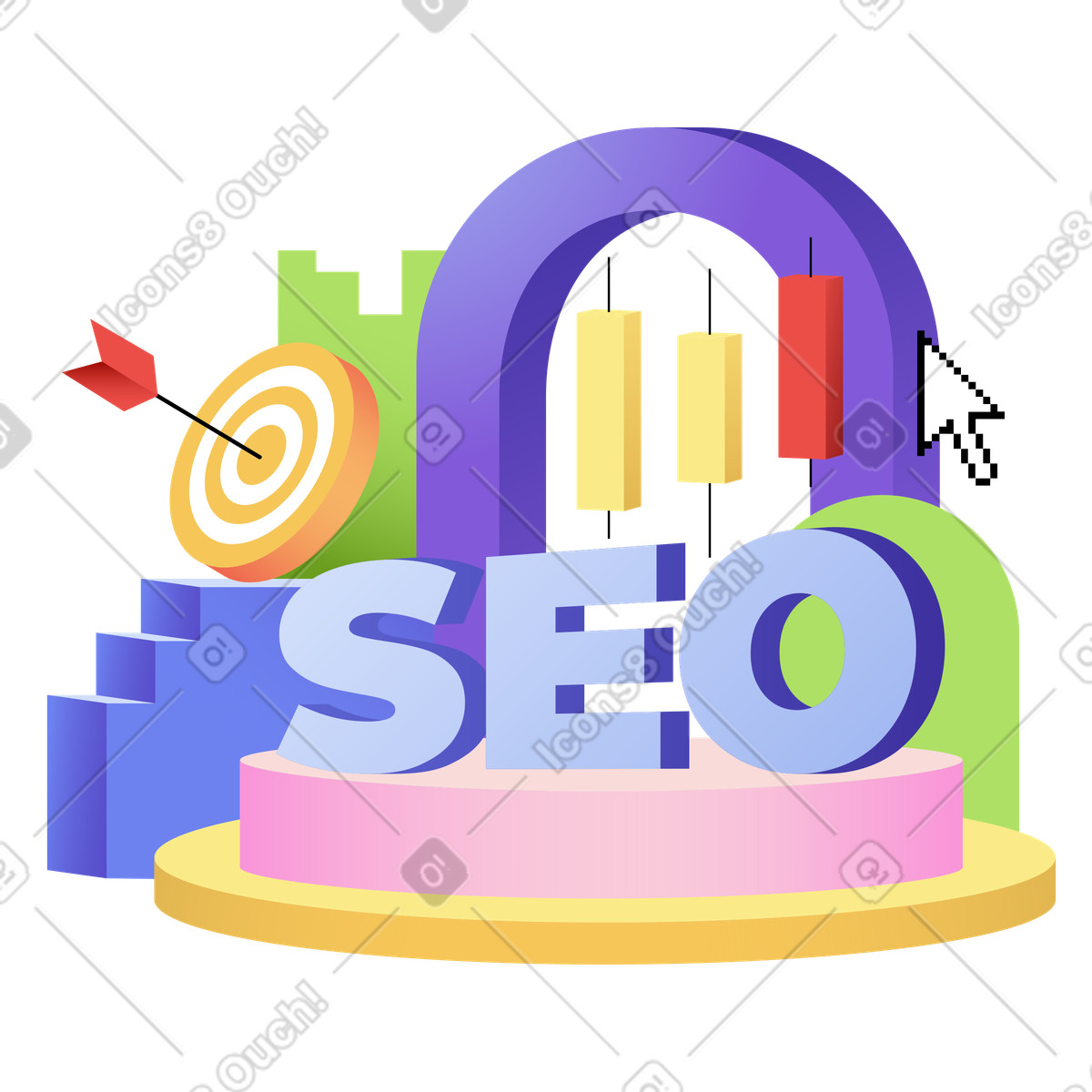 Ilustración Letras seo con texto objetivo, gráficos y podios. en estilo Levels a descargar en PNG SVG