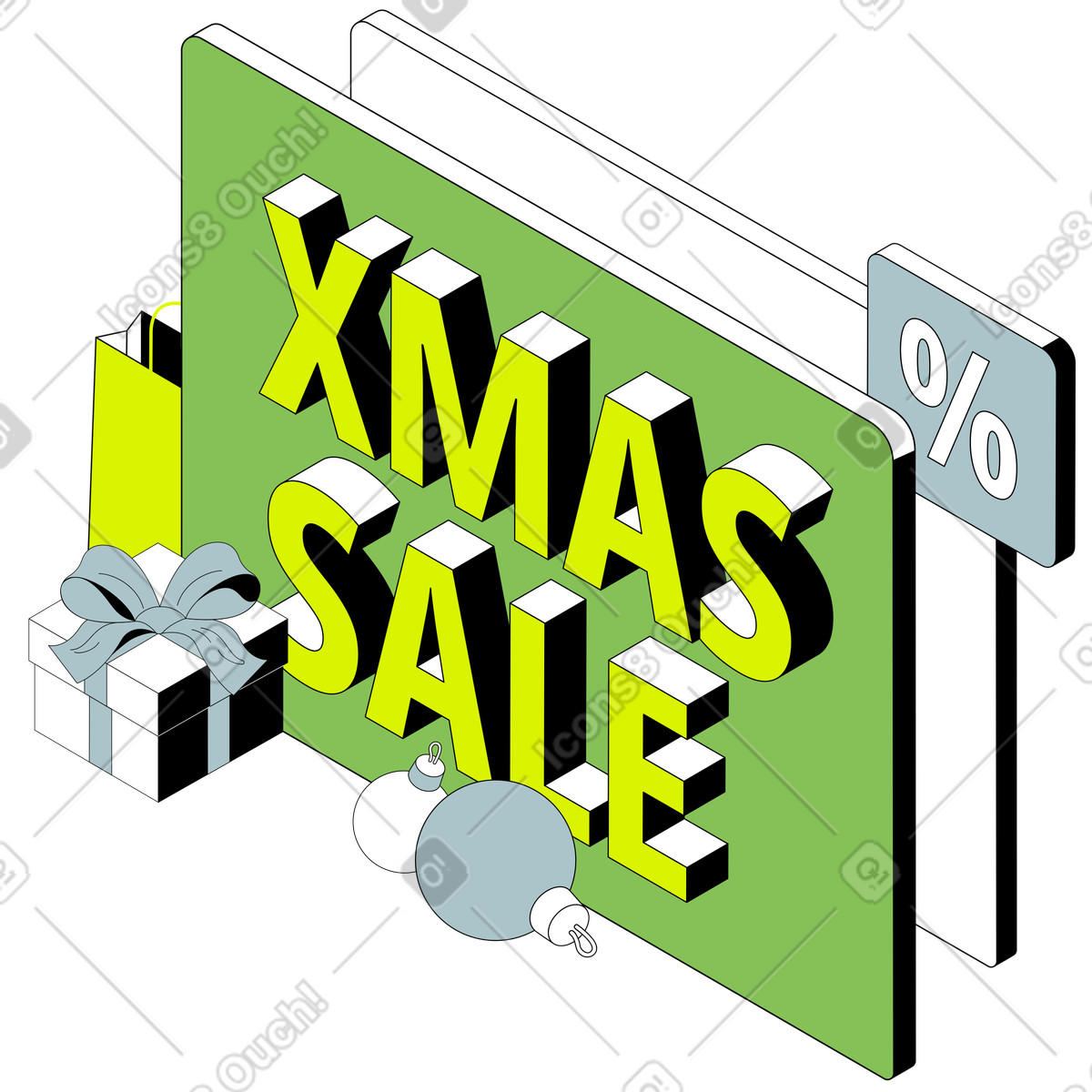 Green Christmas sale sign with present and baubles, Winter holiday marketing illustration in Isometric style download in PNG, SVG