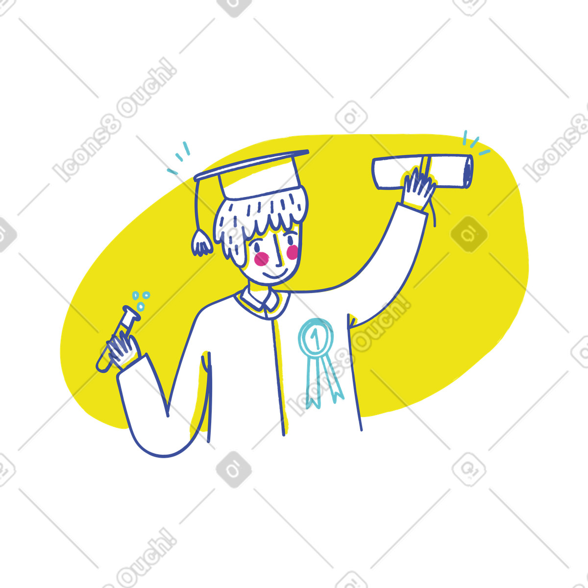 Ilustración Hombre con gorro de graduación sosteniendo tubo ensayo y diploma en estilo Lime a descargar en PNG SVG
